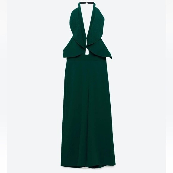 Zara Emerald Green Ruffle Detail Backless Halter Top Jumpsuit- Size Small - Picture 3 of 7